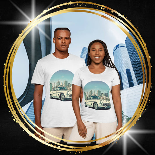 Two people wearing t-shirts with a original Chevrolet Corvette design, a vintage white Chevy car in front of a city skyline.  