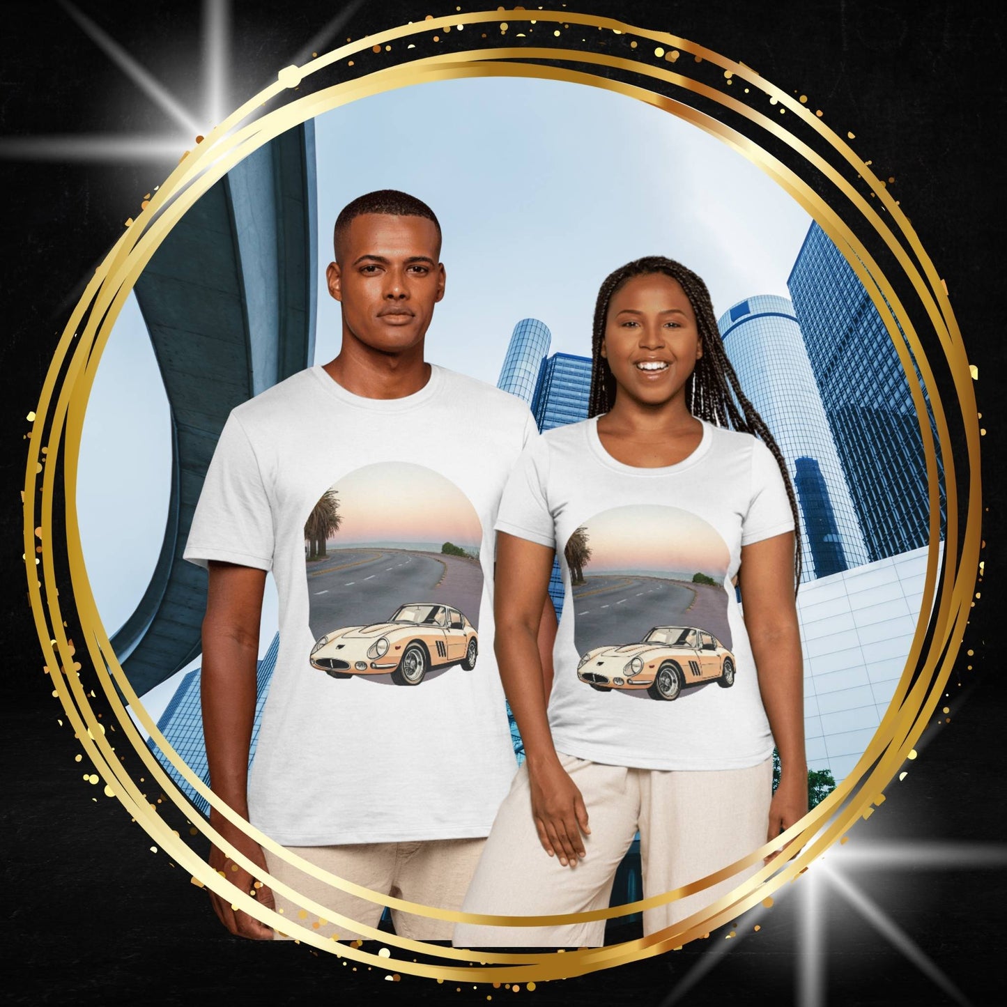 Two people wearing t-shirts with a original Ferrari 275 design, a vintage white Ferrari car in front of a city skyline.  