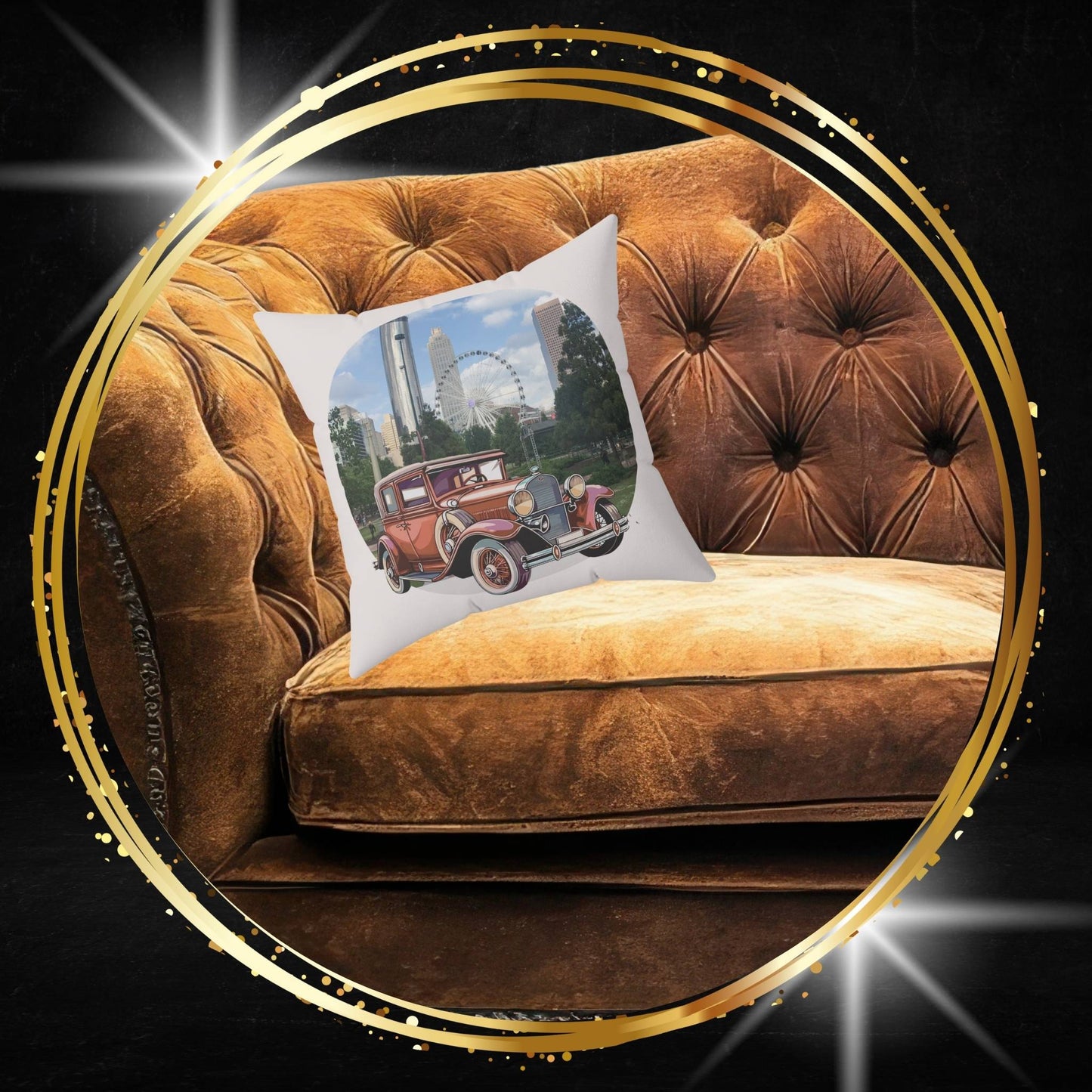 Decorative throw pillow with a vintage Buick Doctor Coupe car design on a brown leather couch.