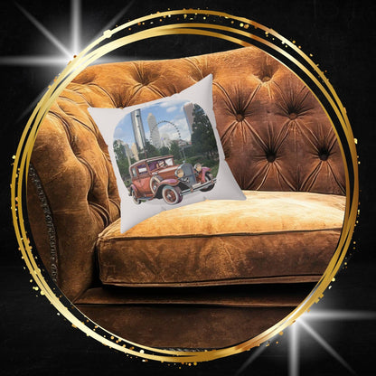 Decorative throw pillow with a vintage Buick Doctor Coupe car design on a brown leather couch.
