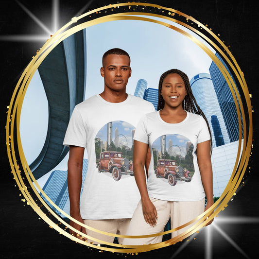 Two people wearing t-shirts with a original Ford T design, a vintage red car in front of a city skyline.  