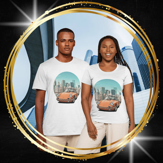 Two people wearing t-shirts with a cityscape and vintage Porsche 911 car design, standing in front of a city skyline, original design