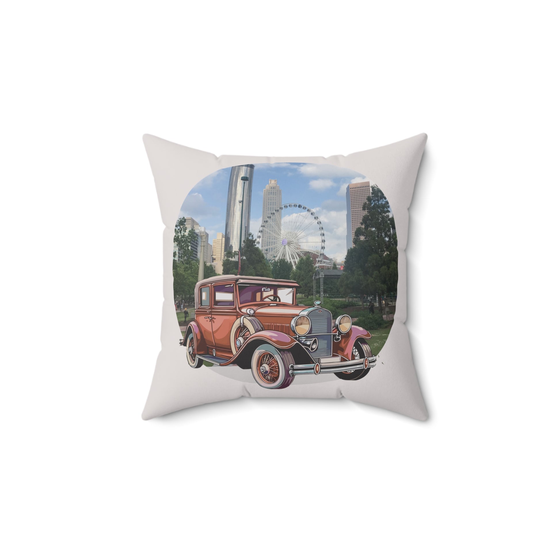Decorative throw pillow 16'x16' with vintage Buick Doctor Coupe car design featuring a cityscape with a Ferris wheel and tall buildings.