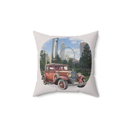 Decorative throw pillow 16'x16' with vintage Buick Doctor Coupe car design featuring a cityscape with a Ferris wheel and tall buildings.