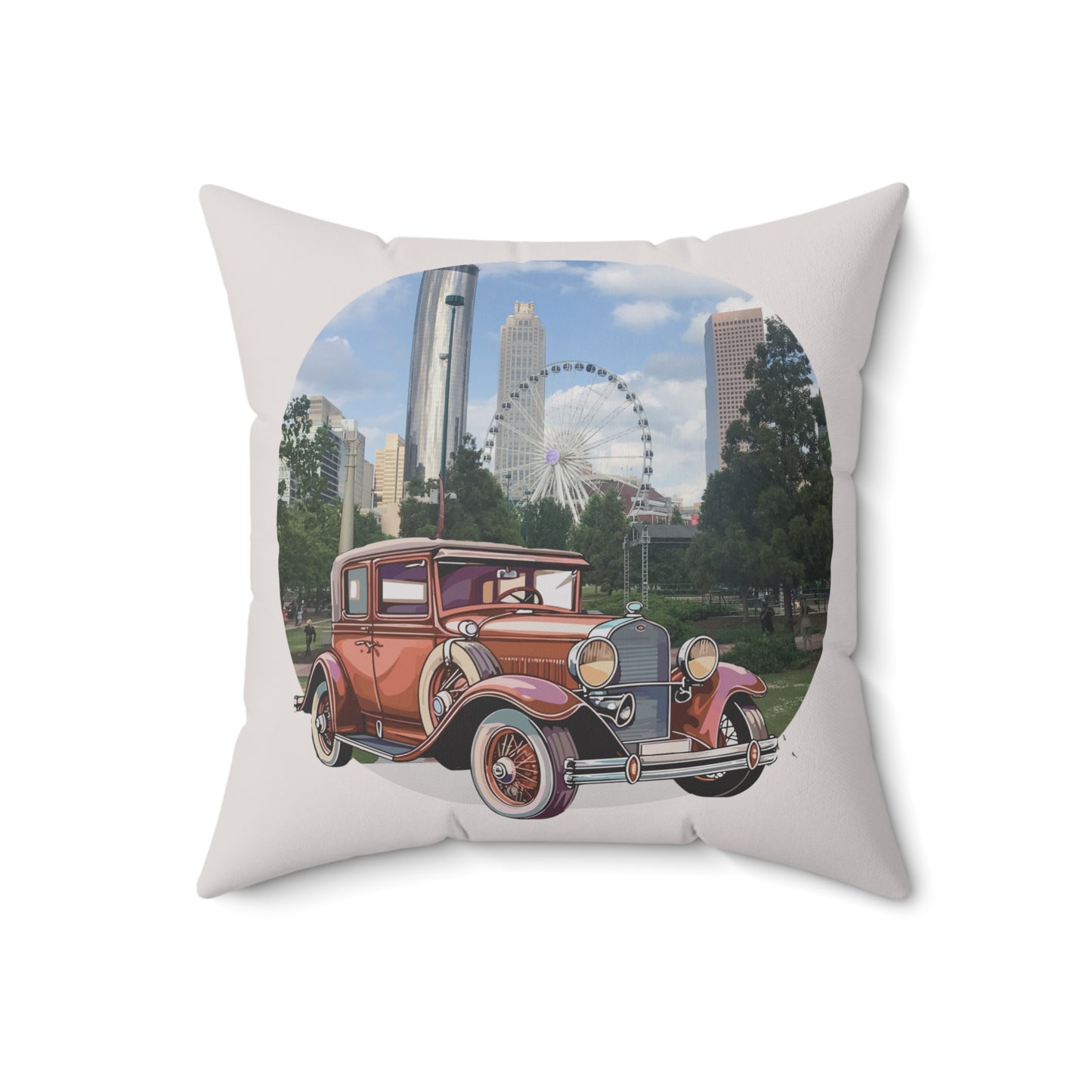 Decorative throw pillow 18'x18' with vintage Buick Doctor Coupe car design featuring a cityscape with a Ferris wheel and tall buildings.