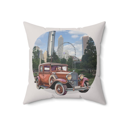 Decorative throw pillow 18'x18' with vintage Buick Doctor Coupe car design featuring a cityscape with a Ferris wheel and tall buildings.