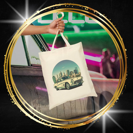 Tote bag with a chevrolet, 1953 corvette car design held by a hand in front of a neon-lit interior.