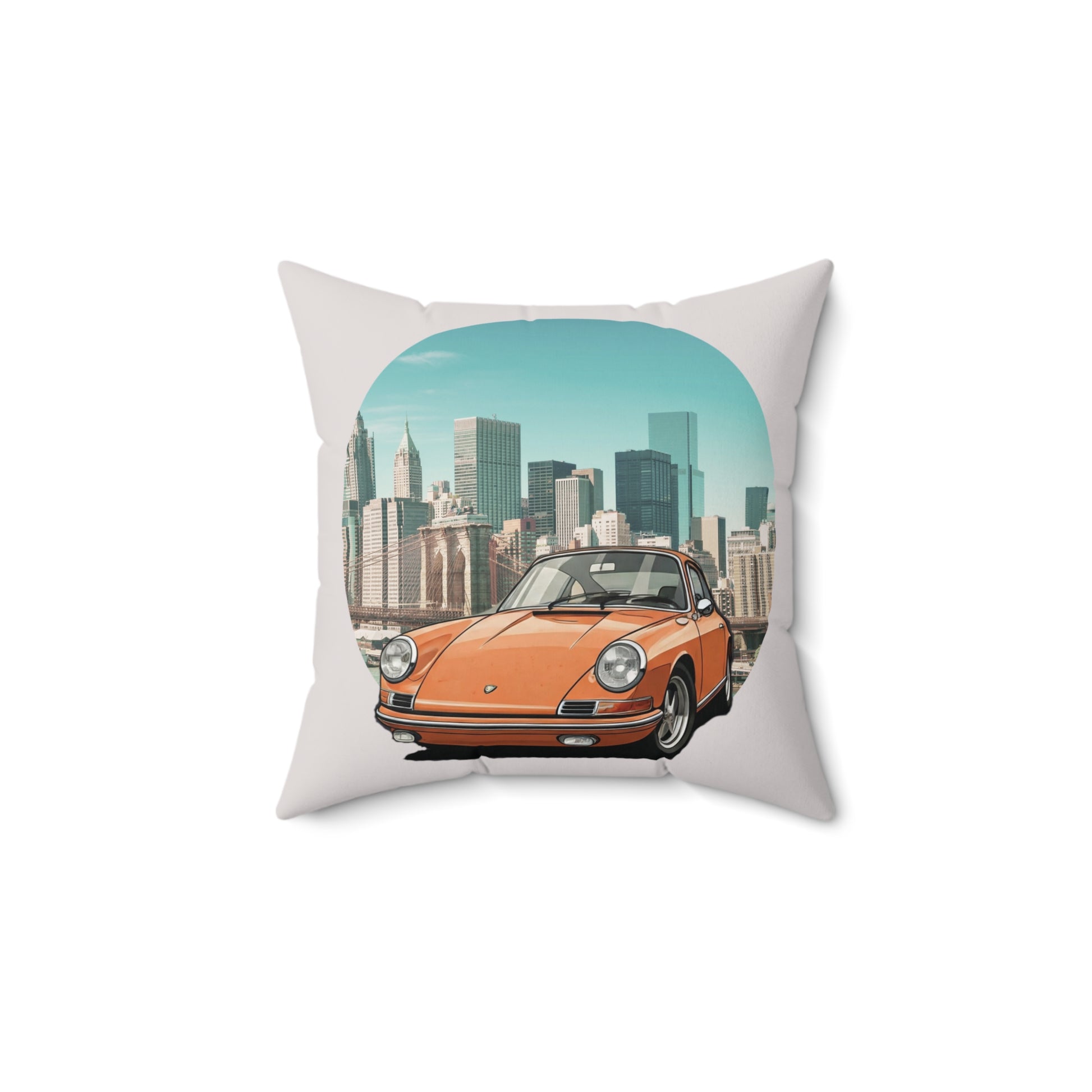 Decorative throw pillow 16x16 inches car  with vintage Porsche 911 design featuring a cityscape with a Ferris wheel and tall buildings.