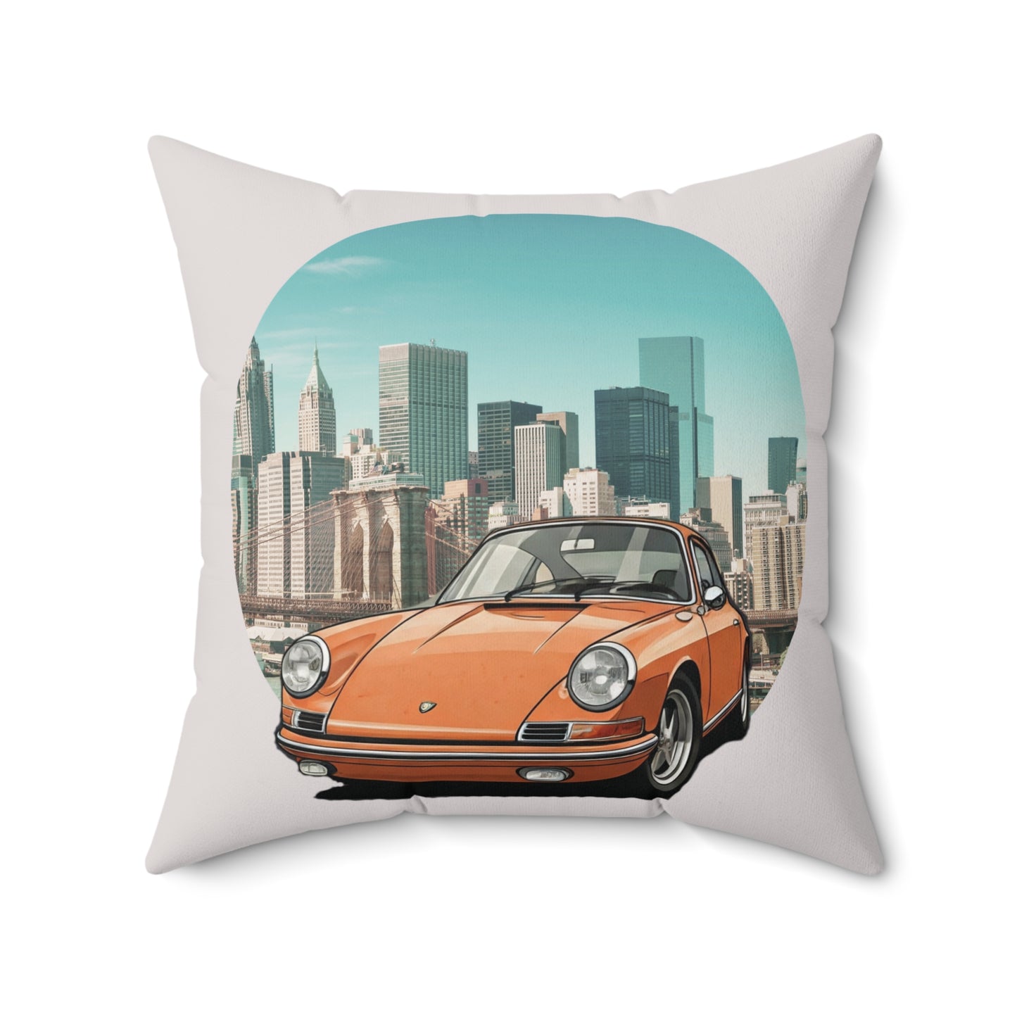 Decorative throw pillow 20x20 inches car  with vintage Porsche 911 design featuring a cityscape with a Ferris wheel and tall buildings.