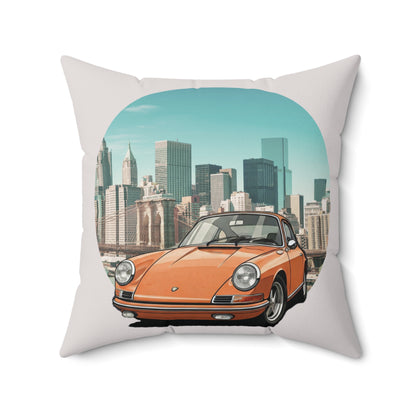 Decorative throw pillow 20x20 inches car  with vintage Porsche 911 design featuring a cityscape with a Ferris wheel and tall buildings.