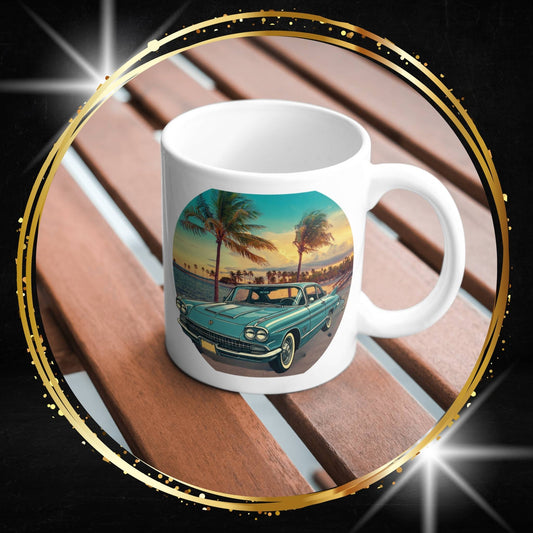 White mug with a White mug with a Cadillac Eldorado Brougham vintage car and beach design on a wooden surface.