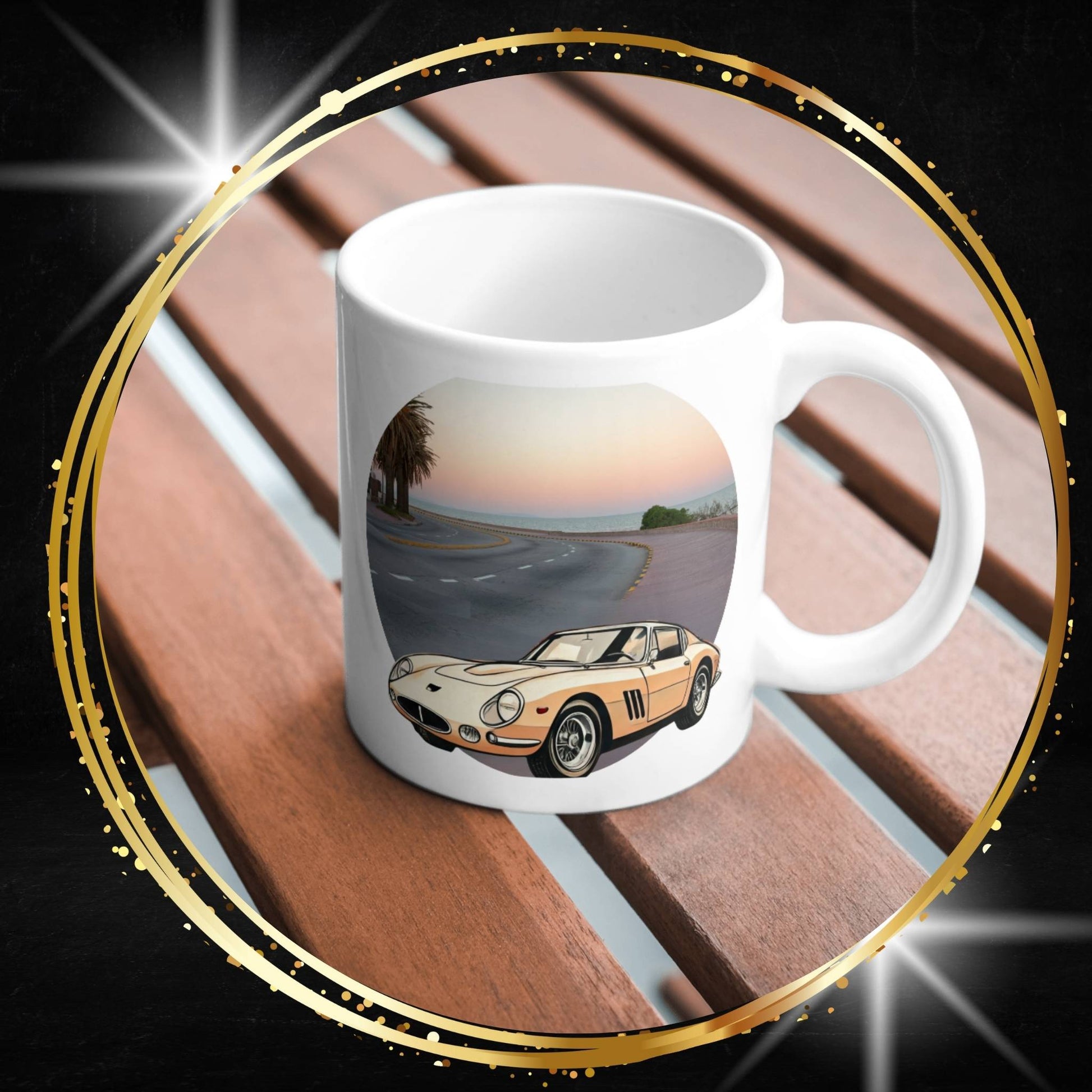 White mug with a White mug with a Ferrari 275 vintage car and beach design on a wooden surface.