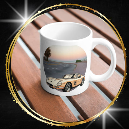 White mug with a White mug with a Ferrari 275 vintage car and beach design on a wooden surface.