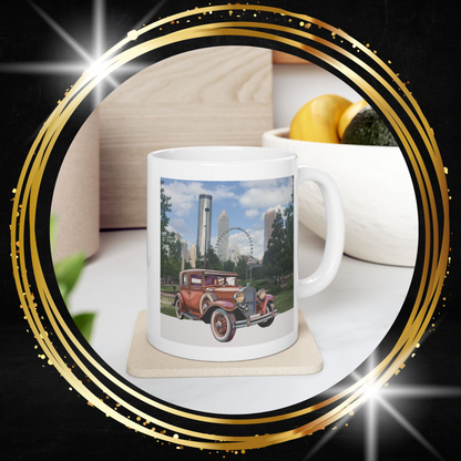White Mug with a vintage car and cityscape design on a coaster.