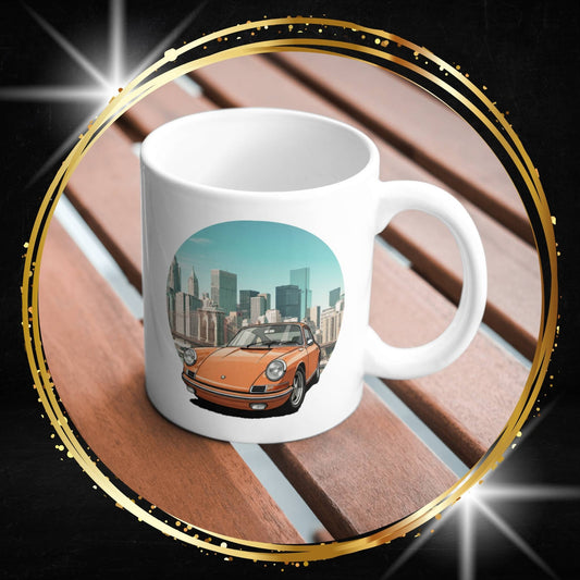 White mug with a White mug with a Porsche 911 vintage car and beach design on a wooden surface.