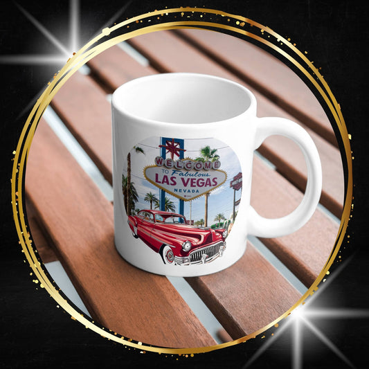 White mug with a White mug with a Buick 1950s vintage car and beach design on a wooden surface.