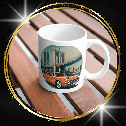 White mug with a White mug with a Chevrolet Bel Air vintage car and beach design on a wooden surface.