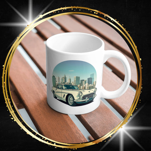 White mug with a White mug with a Chevrolet Corvette (Chevy) vintage car and beach design on a wooden surface.
