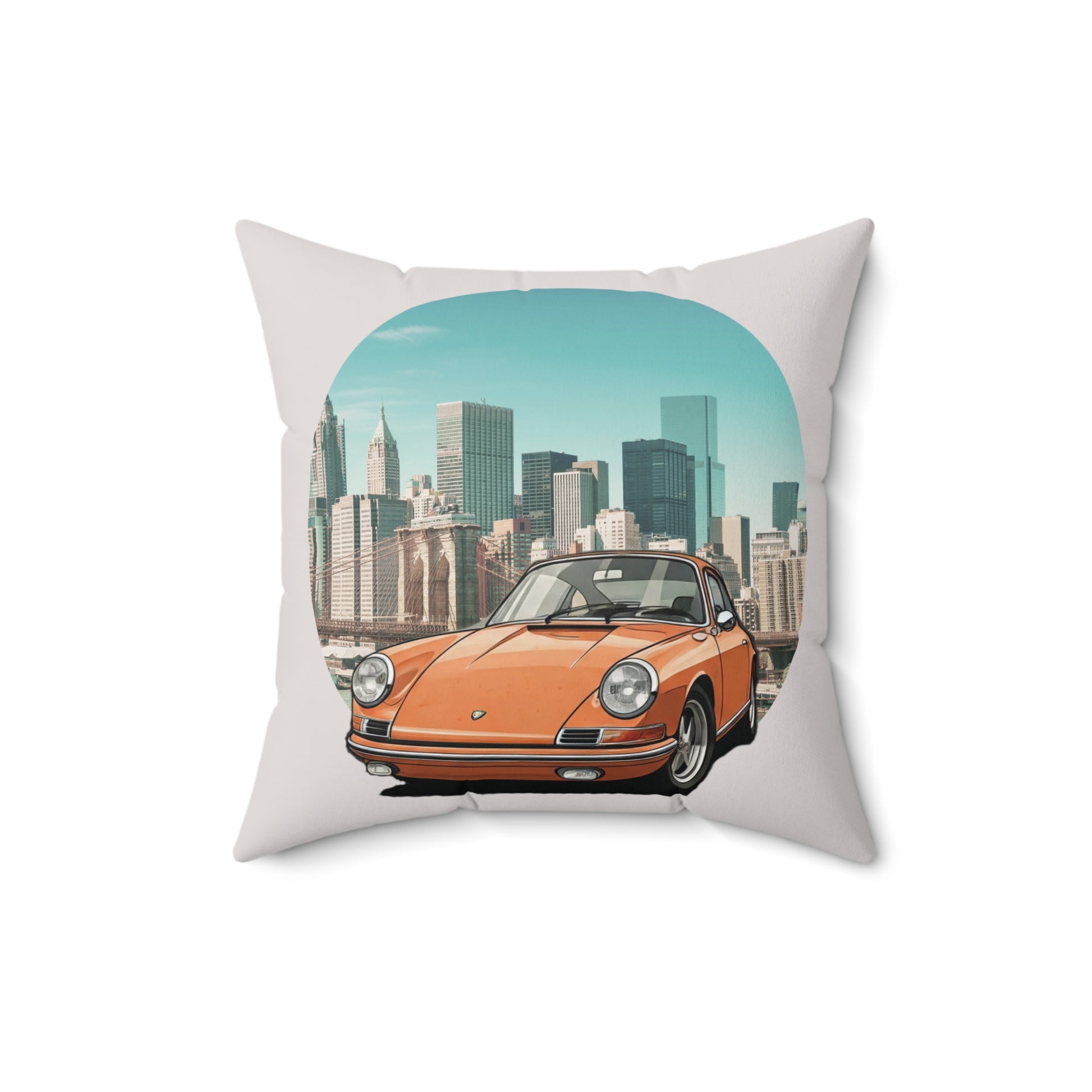 Decorative throw pillow 14x14 inches car  with vintage Porsche 911 design featuring a cityscape with a Ferris wheel and tall buildings.