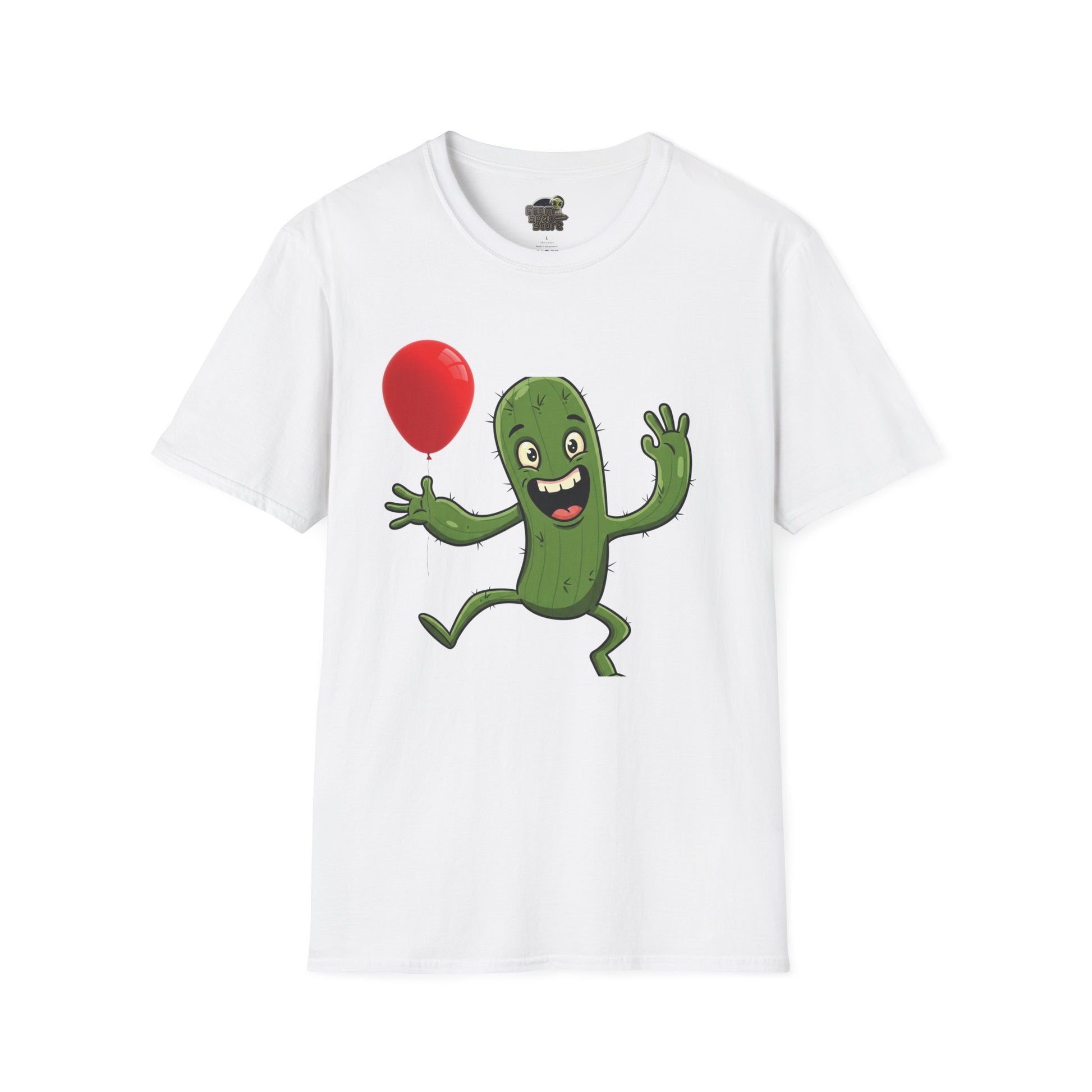 Cactus Mania T-Shirt: Cheerful Cactus with Balloon | Organic Cotton Unisex Tee White