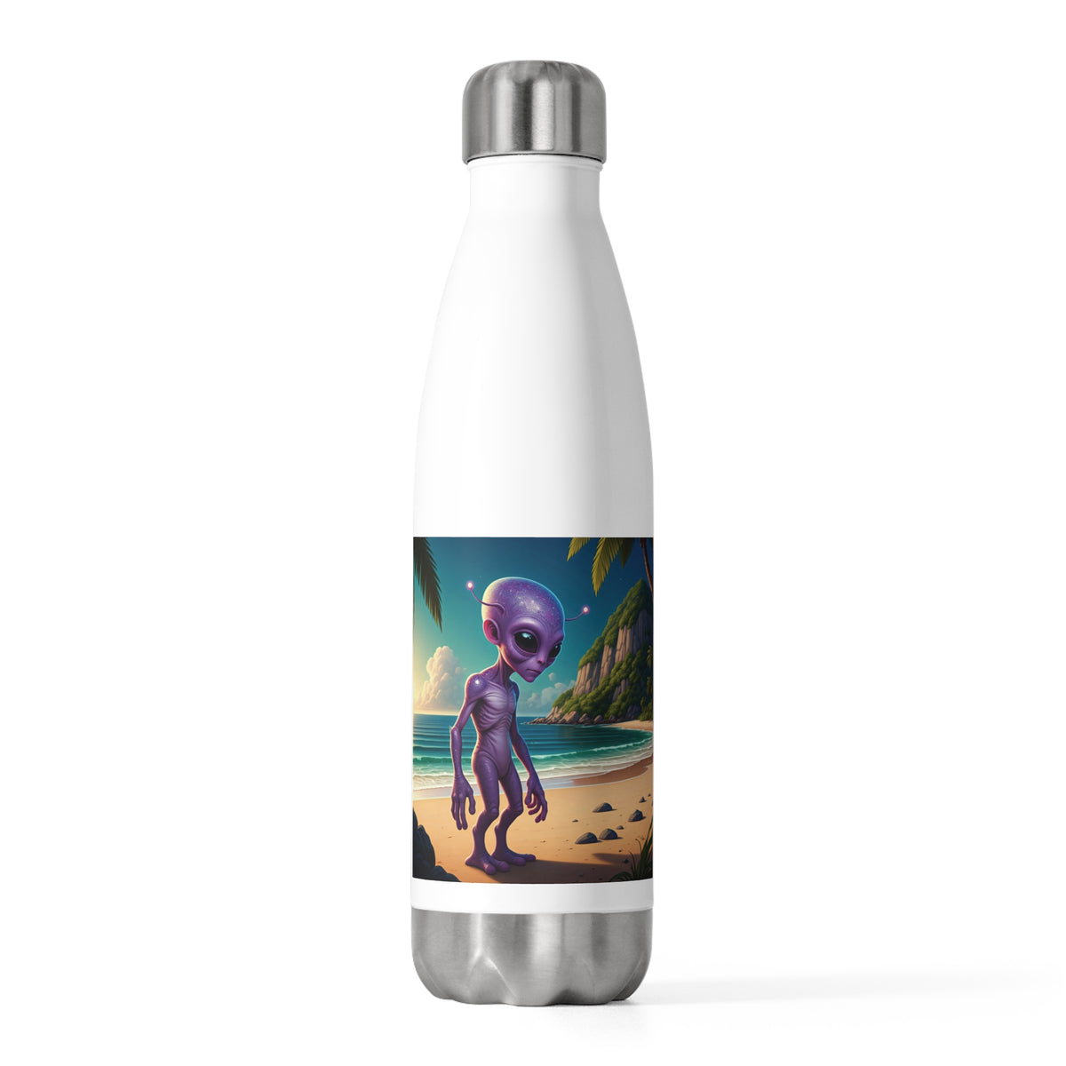 Front studio view of a white stainless steel water bottle displaying a purple alien standing on a tropical beach under a starry sky.