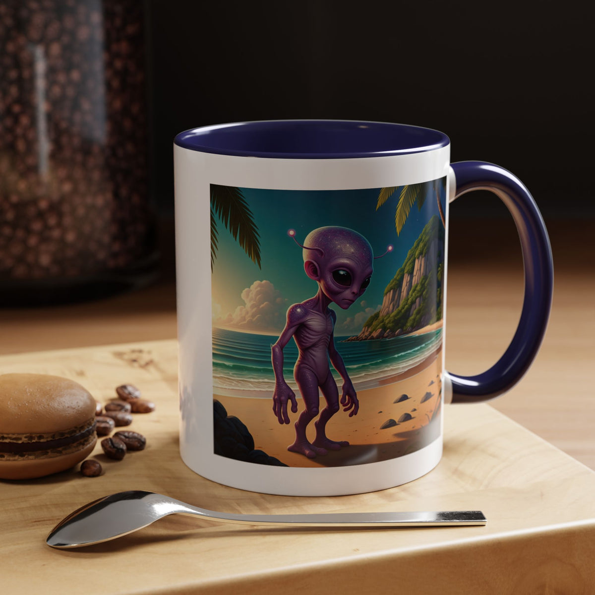 Purple interior coffee mug with alien beach art design, aesthetic space themed ceramic mug for sale on From Space Store.