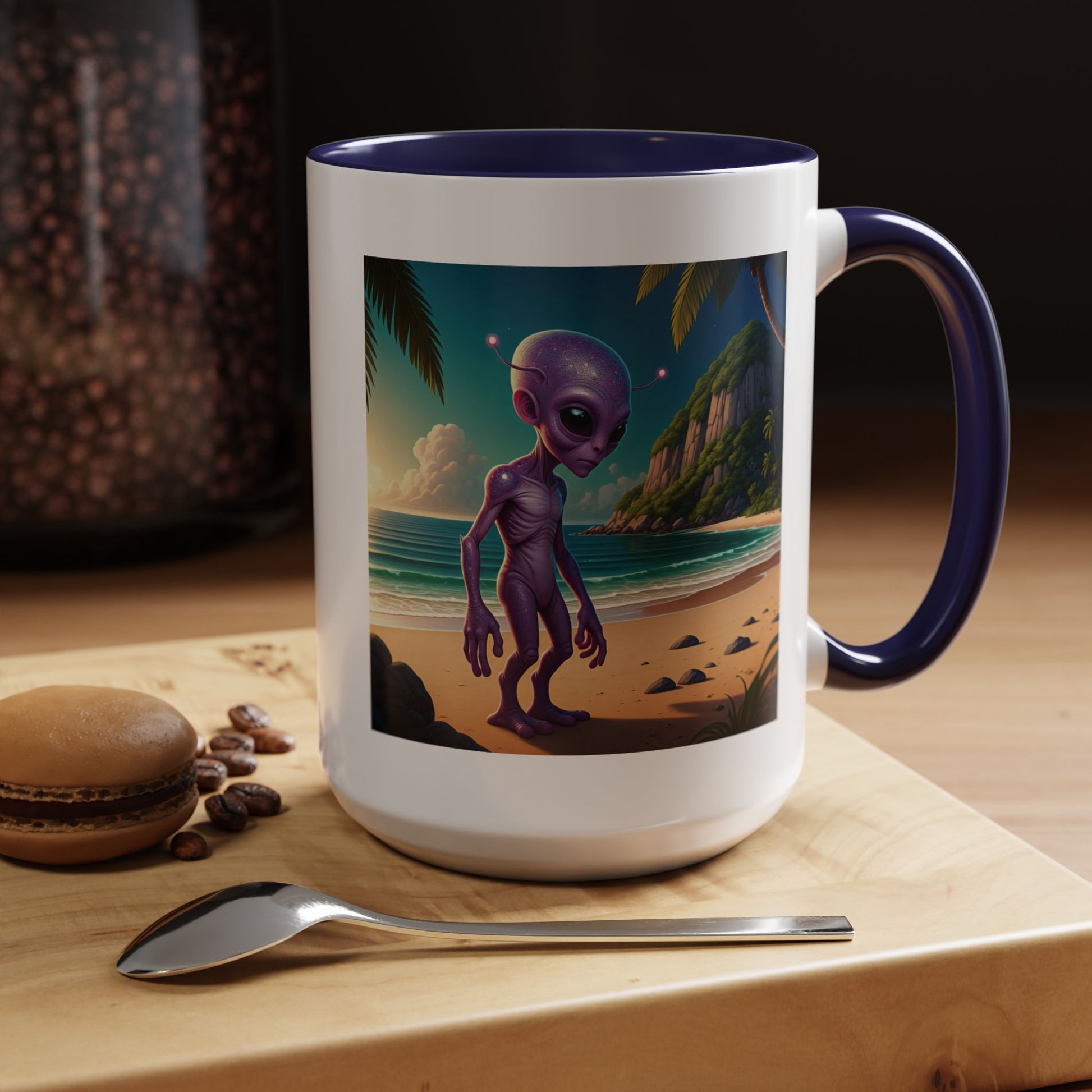 Alien Beach art coffee mug with purple handle and interior, cool sci-fi drinkware and unique space gift.