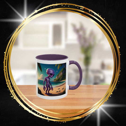 Alien Beach Vibes ceramic coffee mug featuring an astronaut alien on a tropical beach, unique sci-fi novelty mug for space lovers.