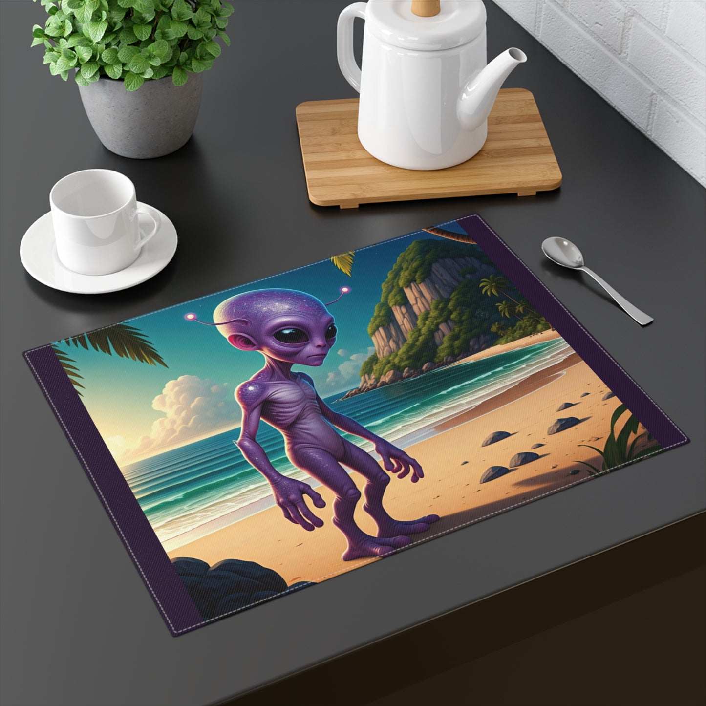 A purple alien standing on a tropical beach at sunset, vibrant colors, on a kitchen counter with tea set and plant.