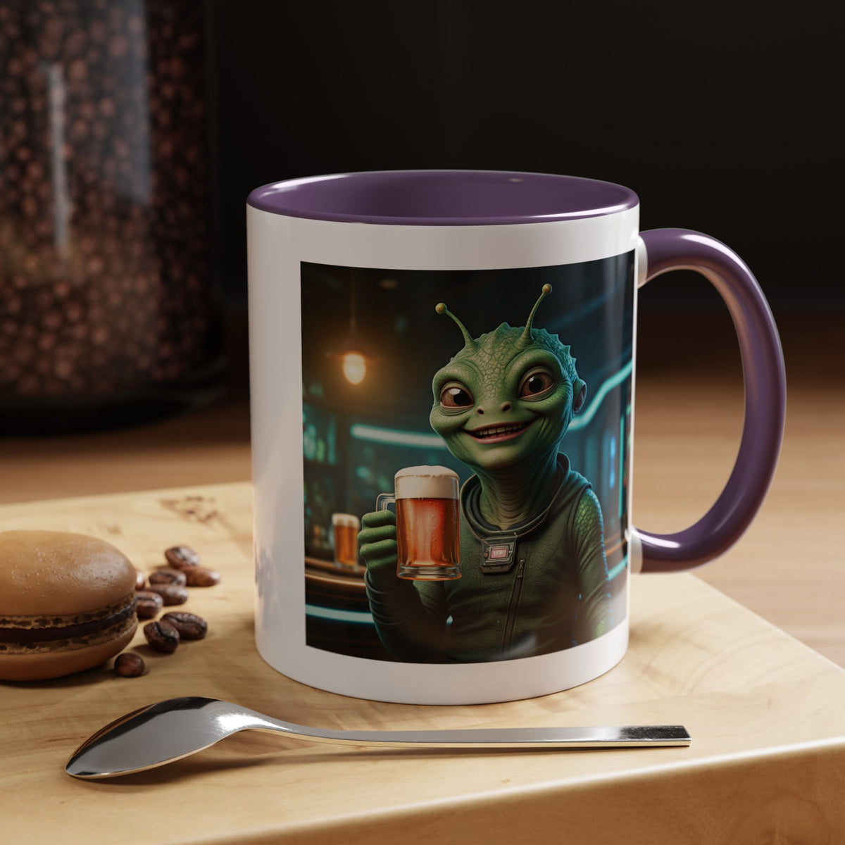 Cool space themed mug with unique alien artwork, aesthetic ceramic coffee mug and perfect sci-fi gift.