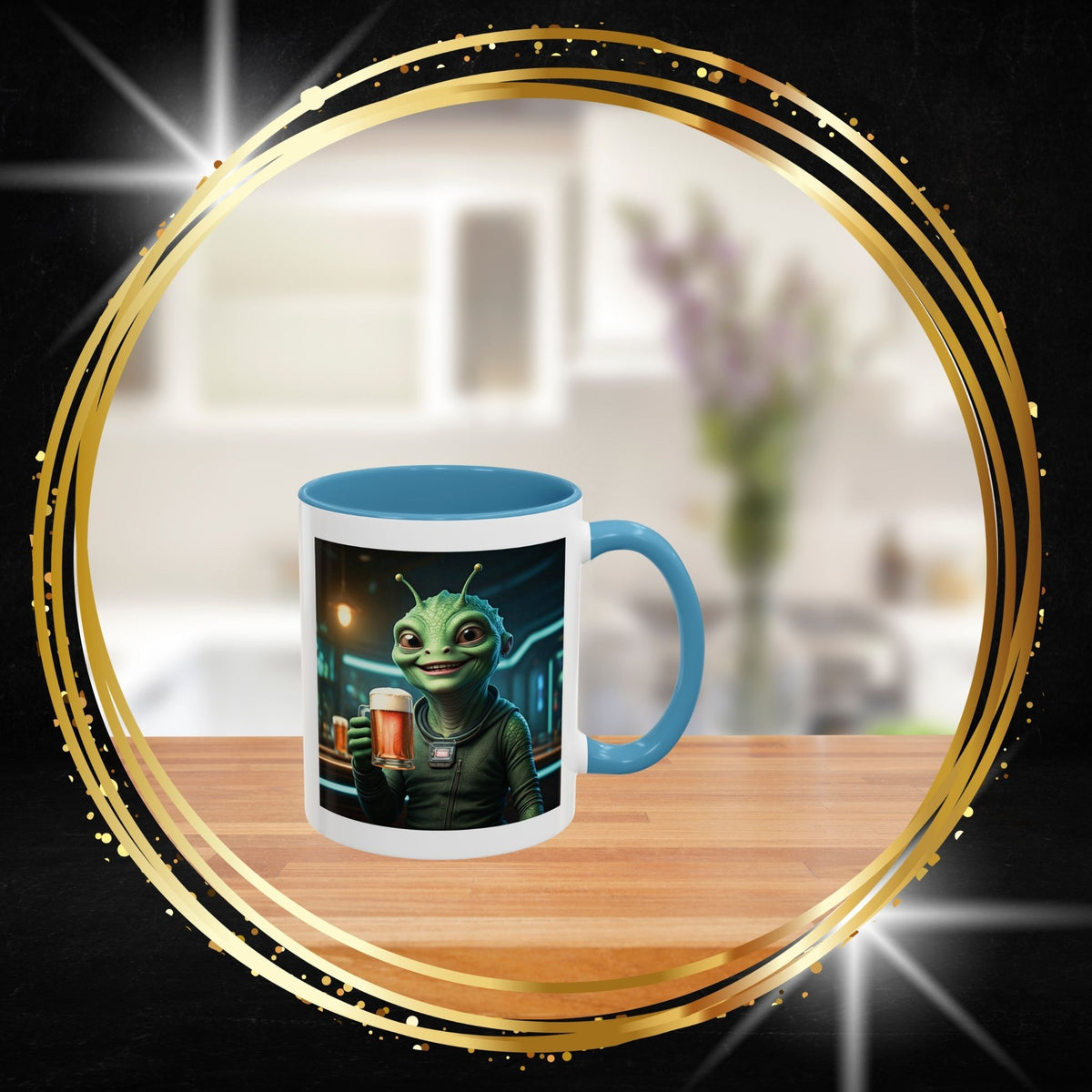Alien themed ceramic mug featuring a funny alien design, unique novelty space mug for sale on From Space Store.