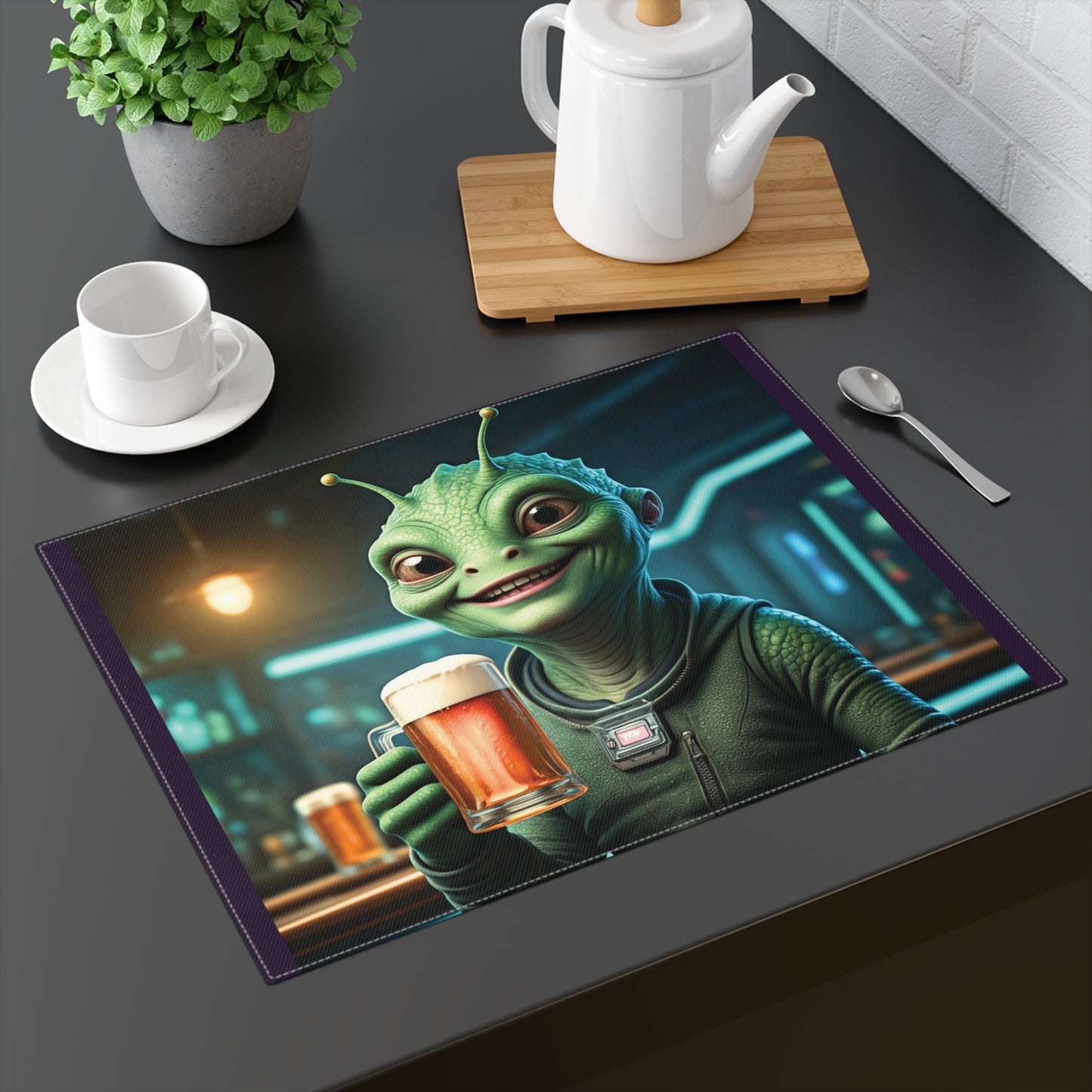 A smiling green alien holding a large glass of frothy beer in a futuristic bar.