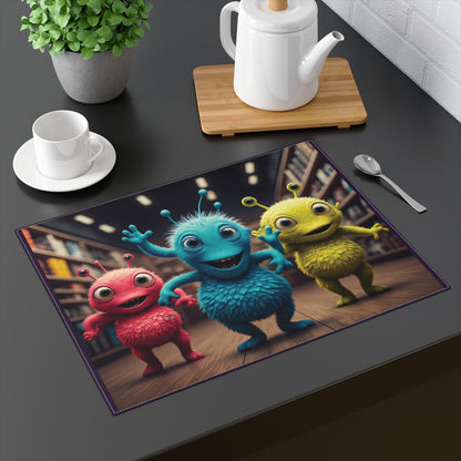 Three colorful fuzzy aliens (pink, blue, yellow) dancing together in a library.
