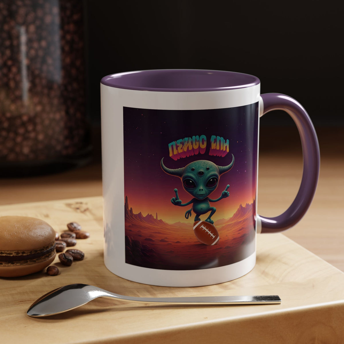 Sports themed ceramic mug with cool alien football player art, aesthetic coffee mug and perfect sci-fi gift for him.