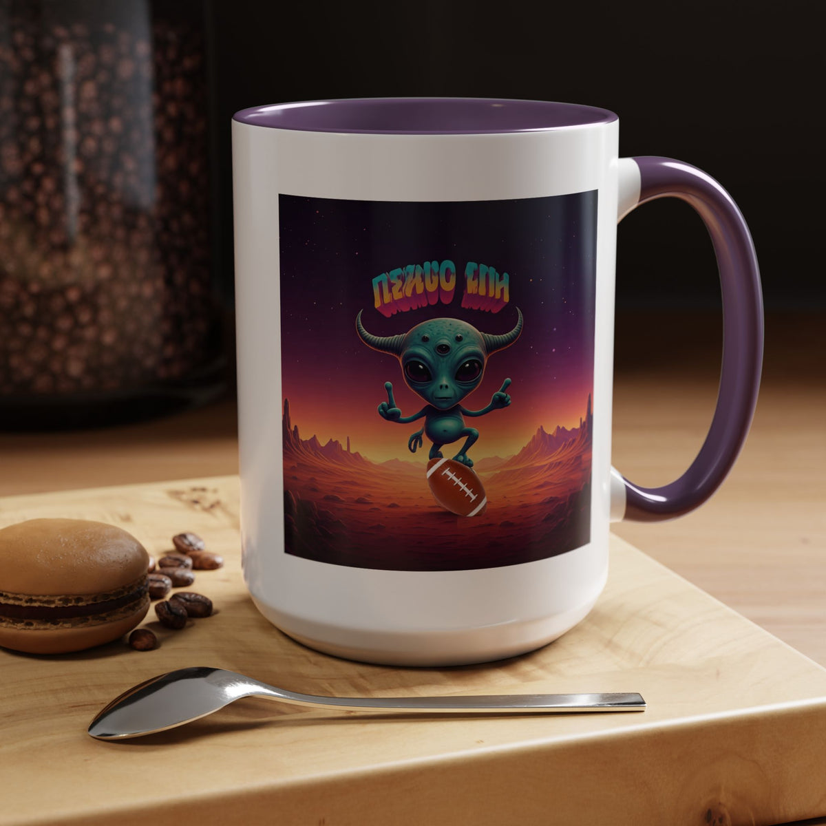 Alien football player art coffee mug, unique sci-fi drinkware and cool outer space gift for football fans.