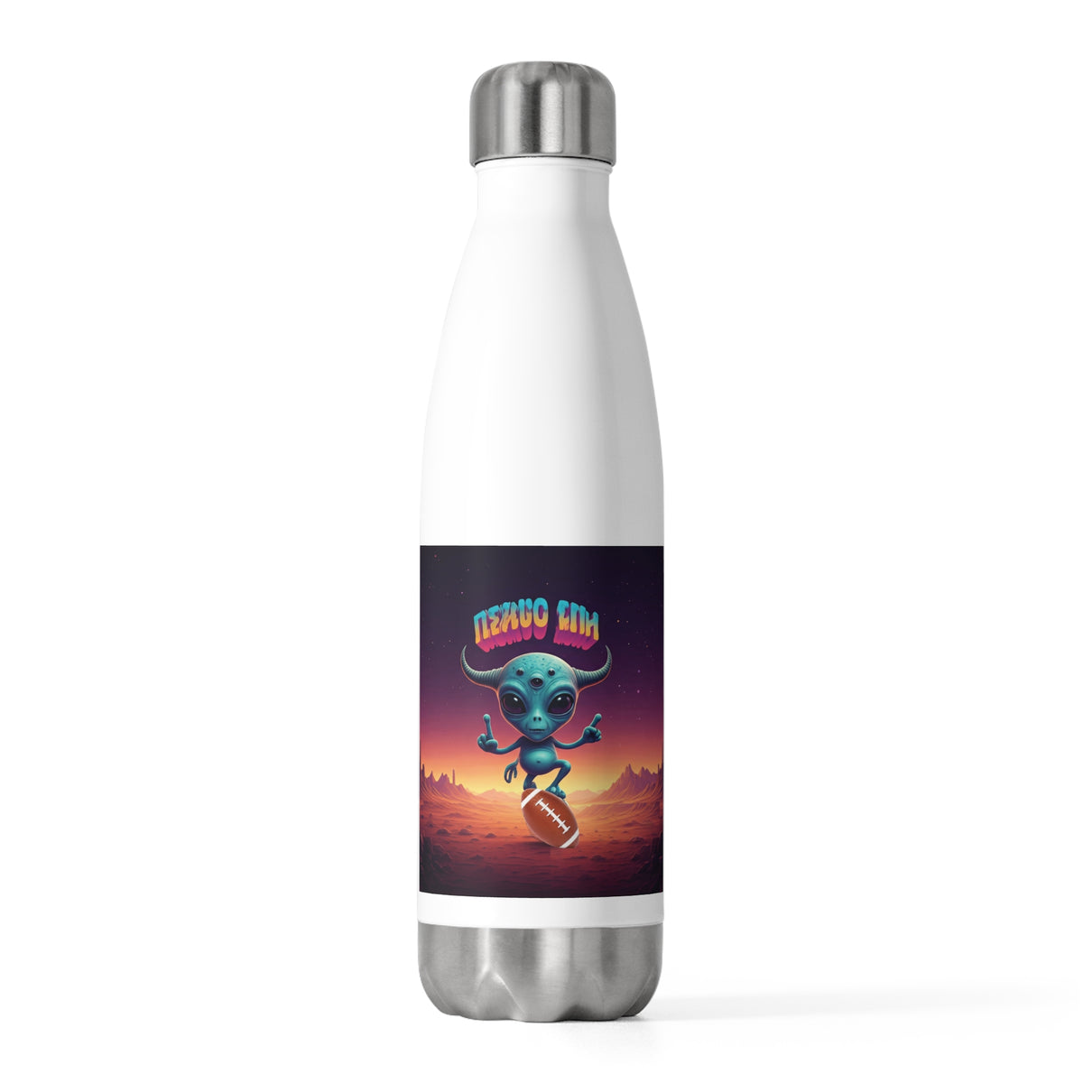 Front studio view of a white stainless steel water bottle displaying a blue alien football player on a desert planet under a sunset sky.