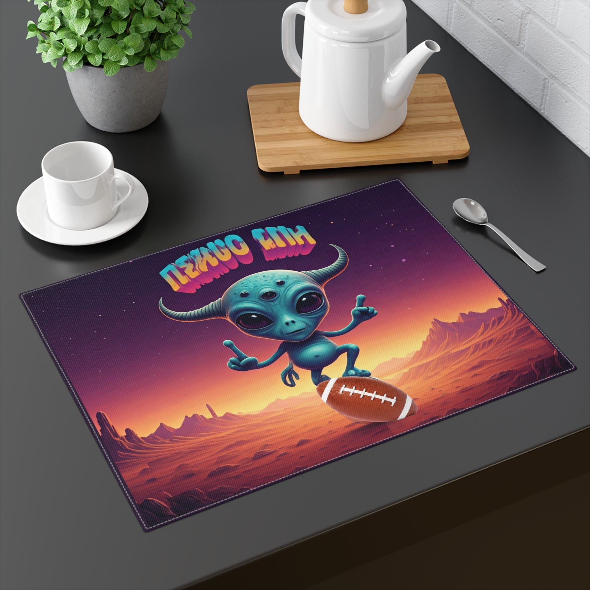 A blue three-eyed alien playing American football on a desert planet under a neon sign.