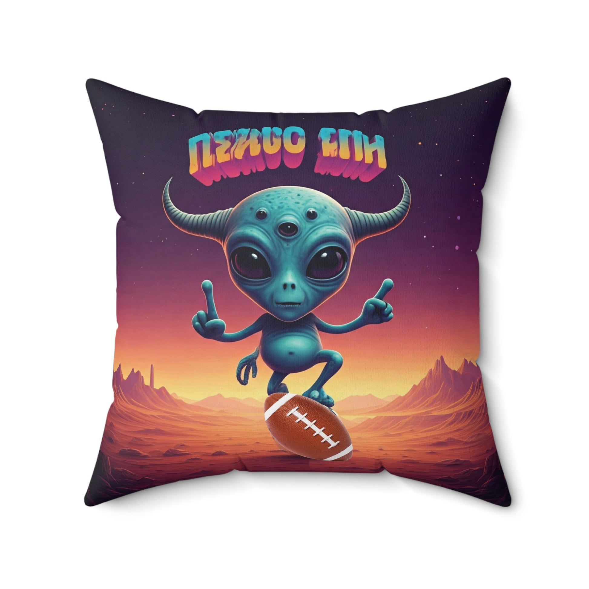 Decorative space pillow with alien football player design and 'Neon Lin' text on a moon theme background