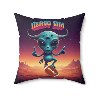 Decorative space pillow with alien football player design and 'Neon Lin' text on a moon theme background
