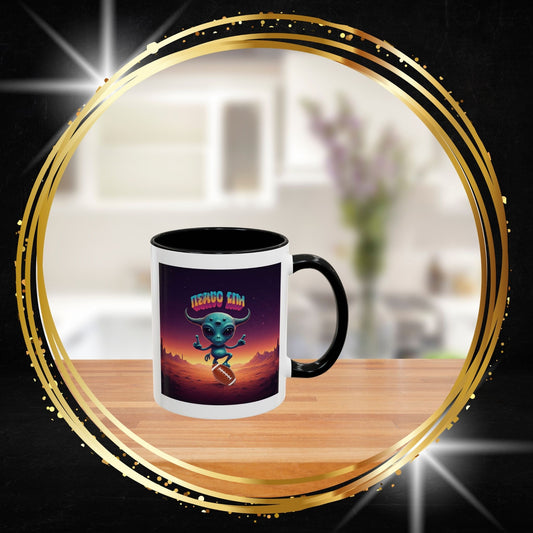 Alien football player ceramic coffee mug, unique sport and space themed novelty mug for sale on From Space Store.