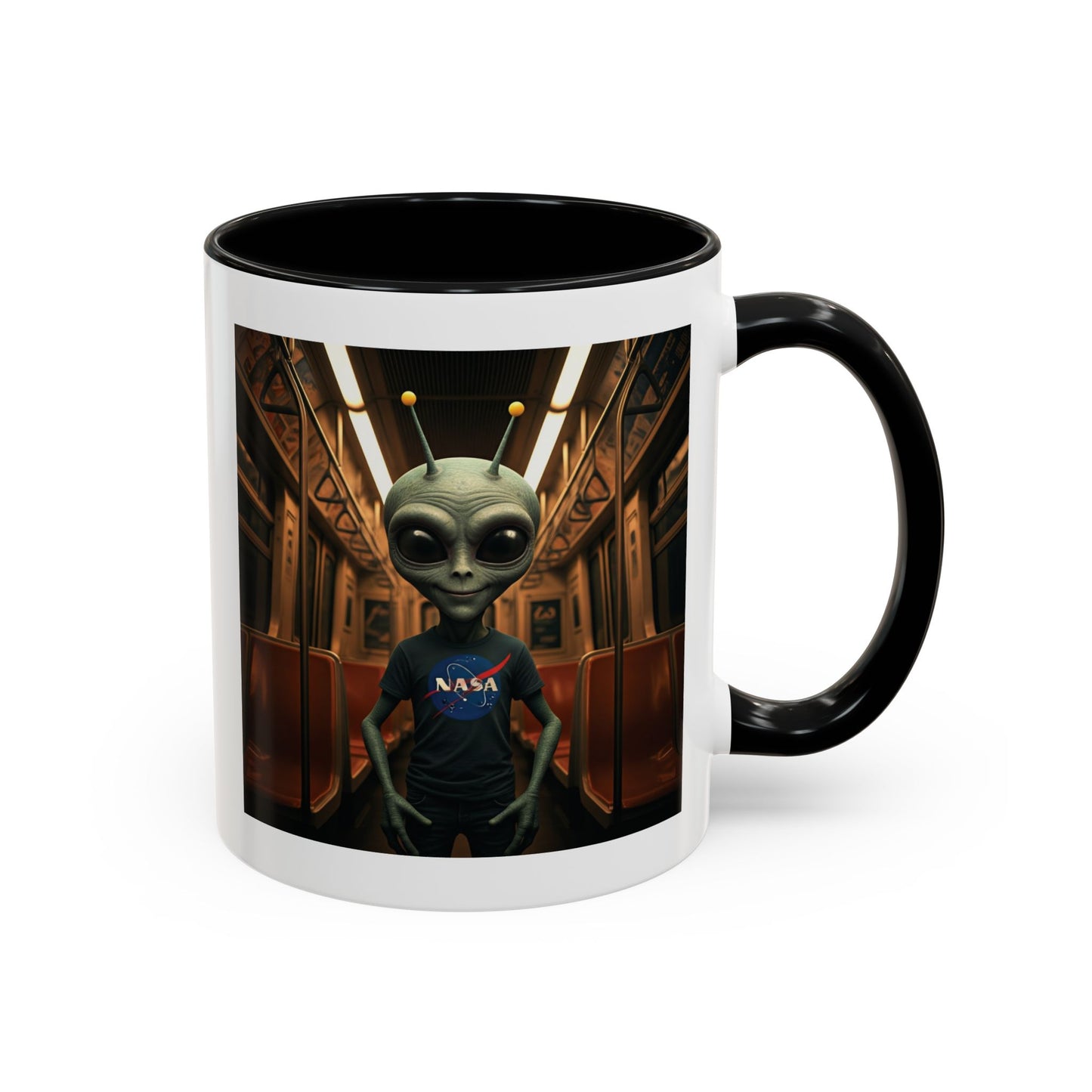 Alien riding the subway on a unique black mug