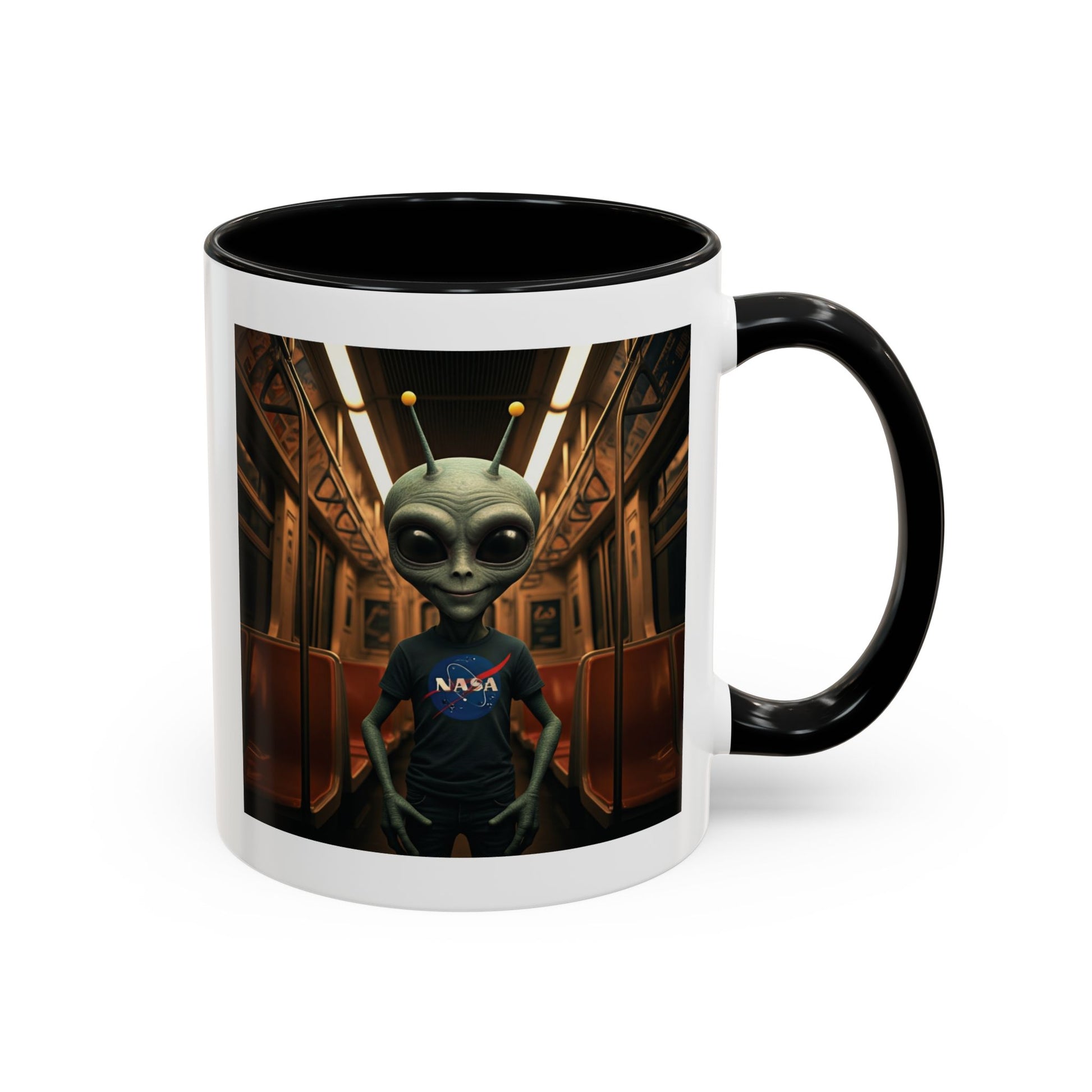 Alien riding the subway on a unique black mug