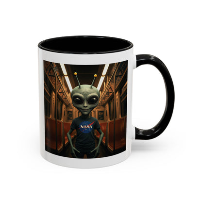 Alien riding the subway on a unique black mug