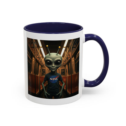 Alien riding the subway on a unique navy mug