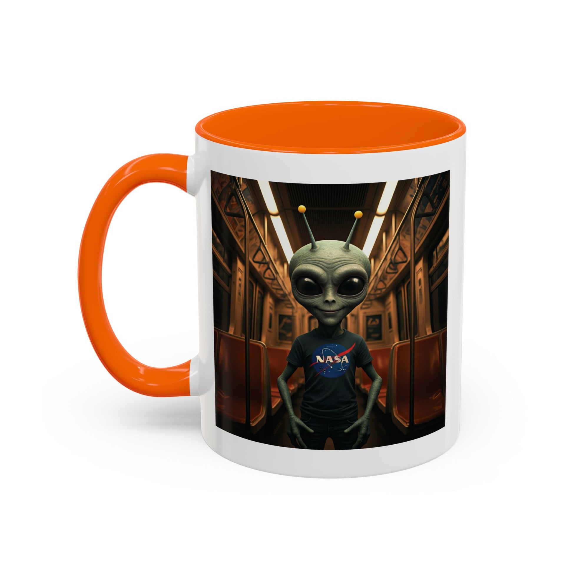 Alien riding the subway on a unique orange mug, Left hande