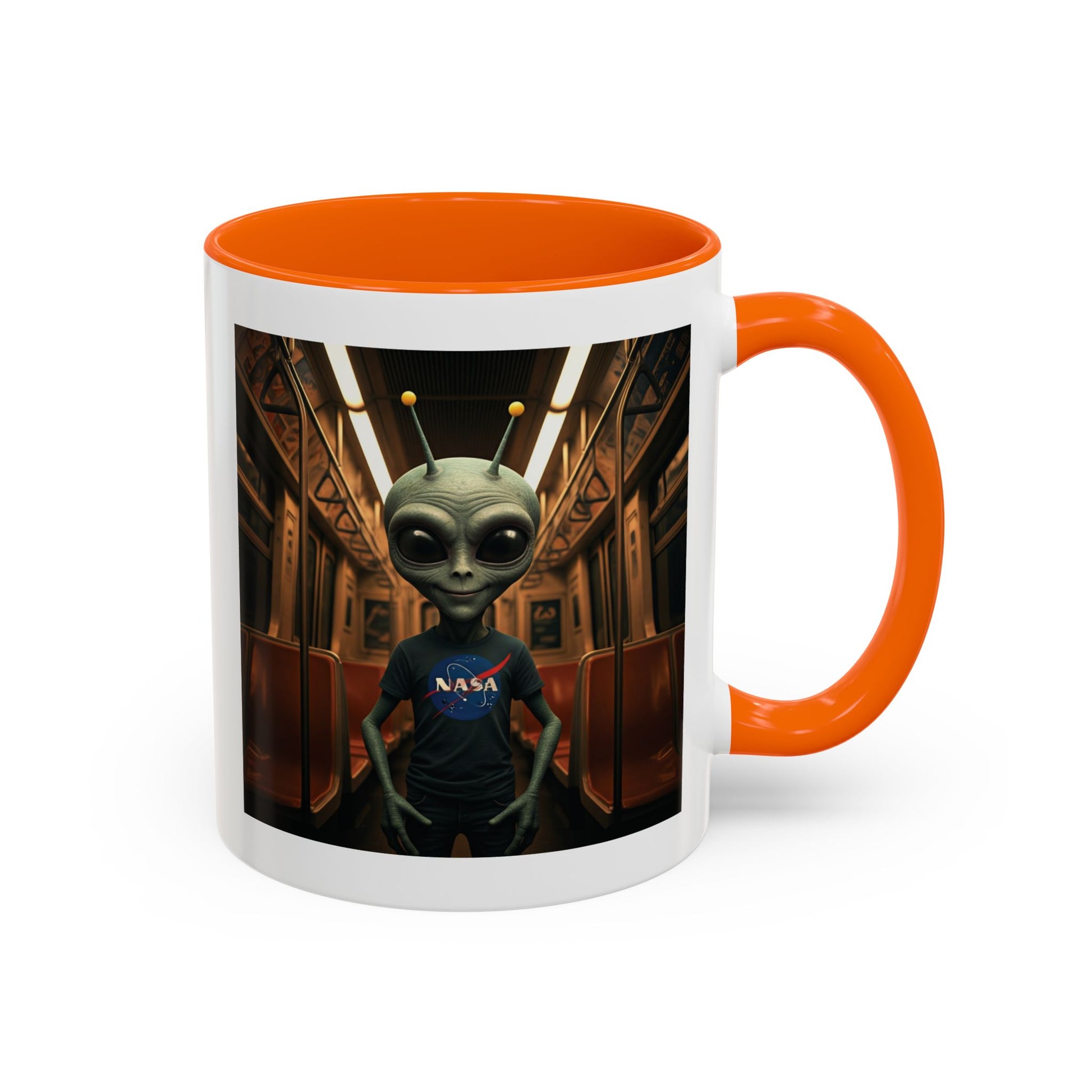 Alien riding the subway on a unique orange mug