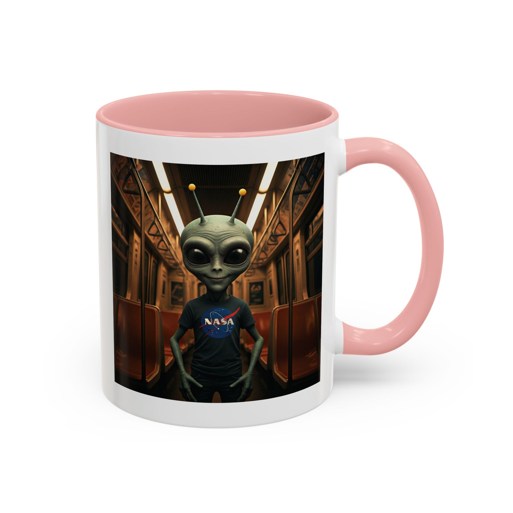 Alien riding the subway on a unique pink  mug