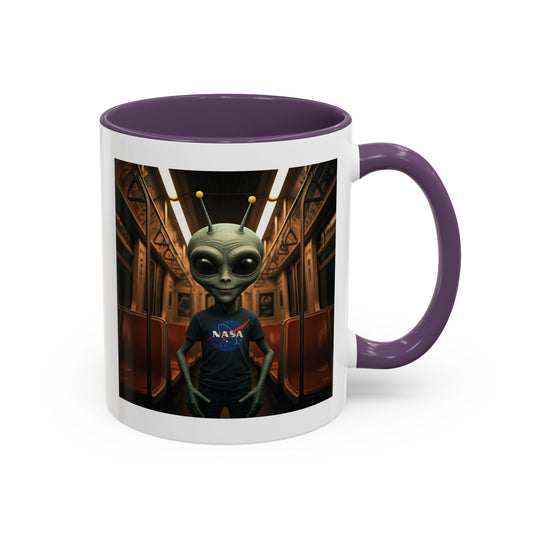 Alien riding the subway on a unique purple mug