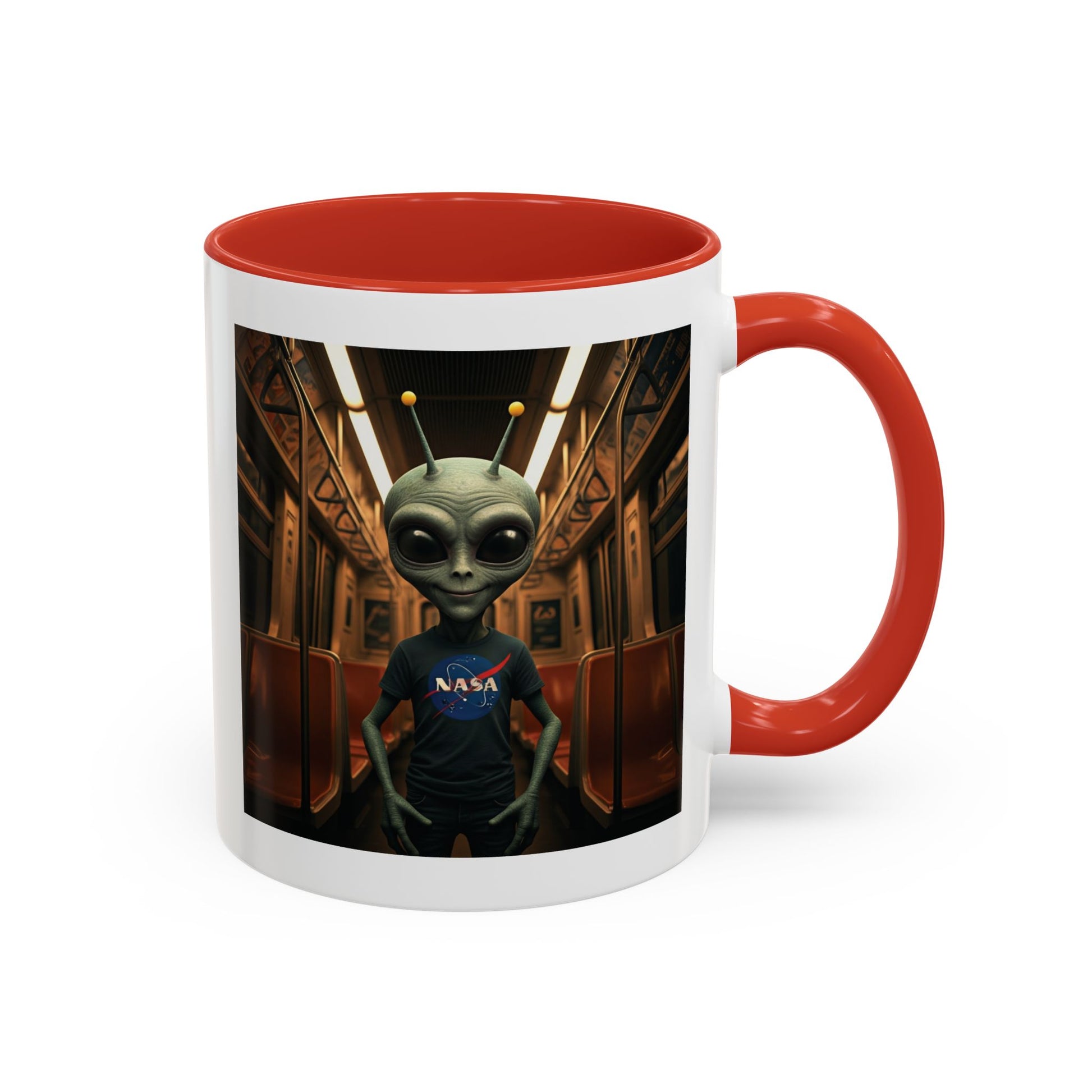 Alien riding the subway on a unique red mug