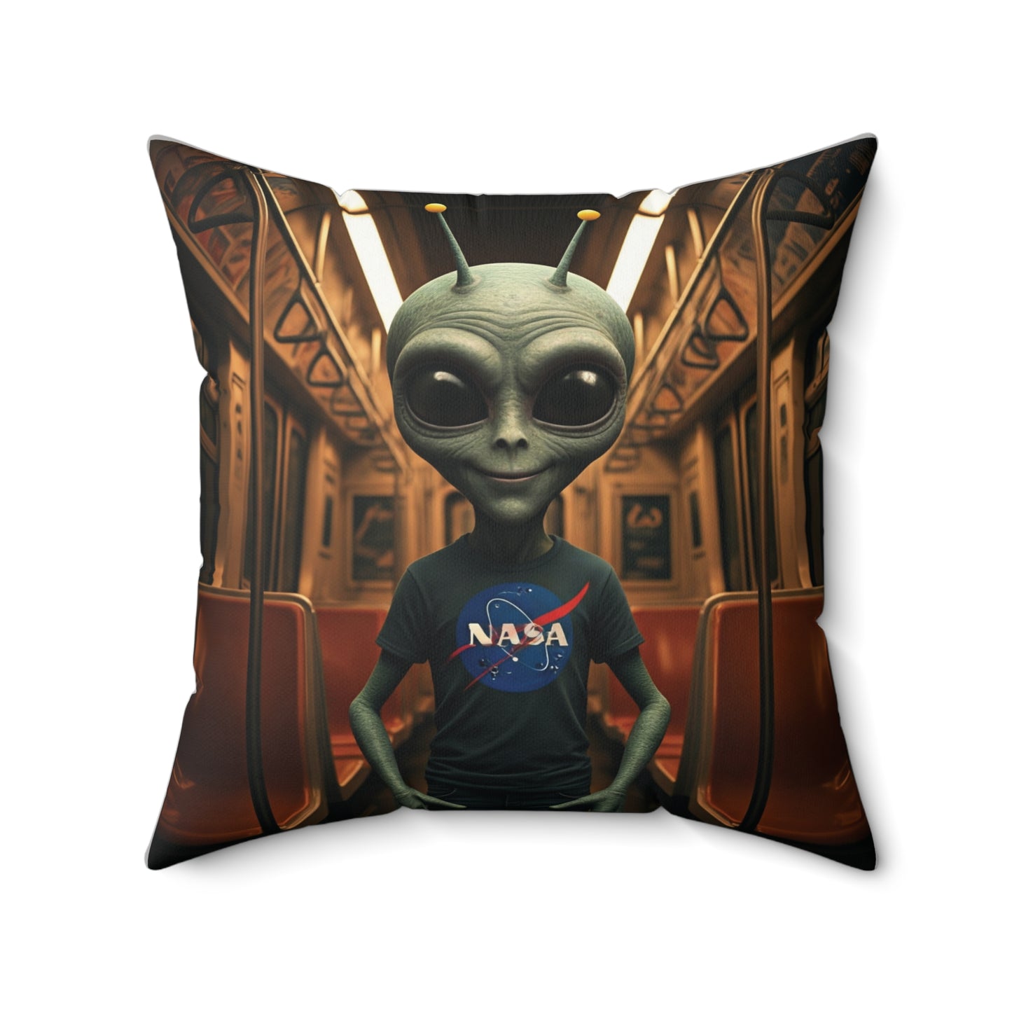 Throw space pillow with an alien wearing a NASA t-shirt in a subway car setting